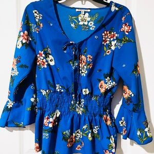 Floral Blue Blouse with Smocked Waist